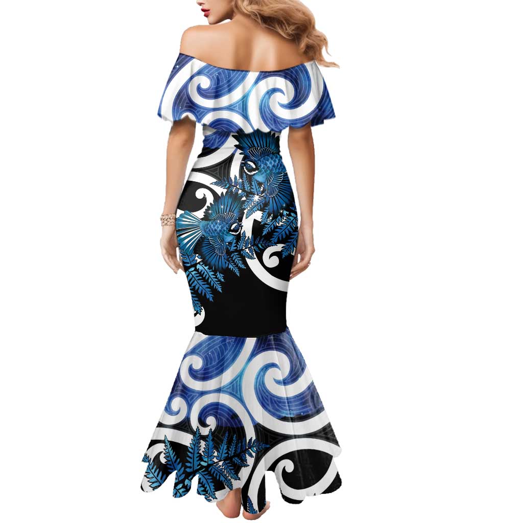 Piwakawaka New Zealand Matariki Family Matching Mermaid Dress and Hawaiian Shirt Maori New Year Silver Fern Blue Galaxy