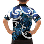 Piwakawaka New Zealand Matariki Family Matching Off The Shoulder Long Sleeve Dress and Hawaiian Shirt Maori New Year Silver Fern Blue Galaxy