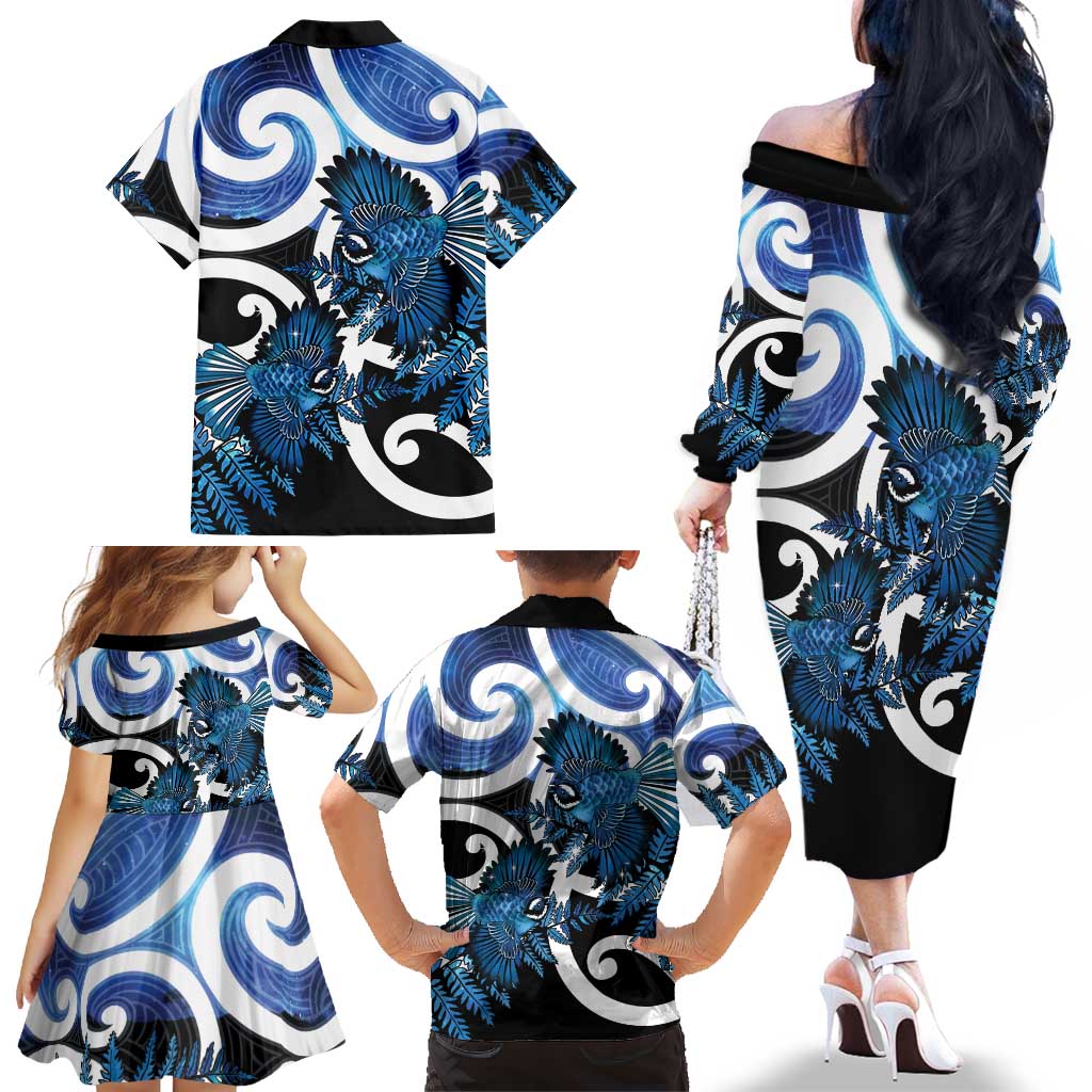 Piwakawaka New Zealand Matariki Family Matching Off The Shoulder Long Sleeve Dress and Hawaiian Shirt Maori New Year Silver Fern Blue Galaxy