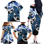 Piwakawaka New Zealand Matariki Family Matching Off The Shoulder Long Sleeve Dress and Hawaiian Shirt Maori New Year Silver Fern Blue Galaxy