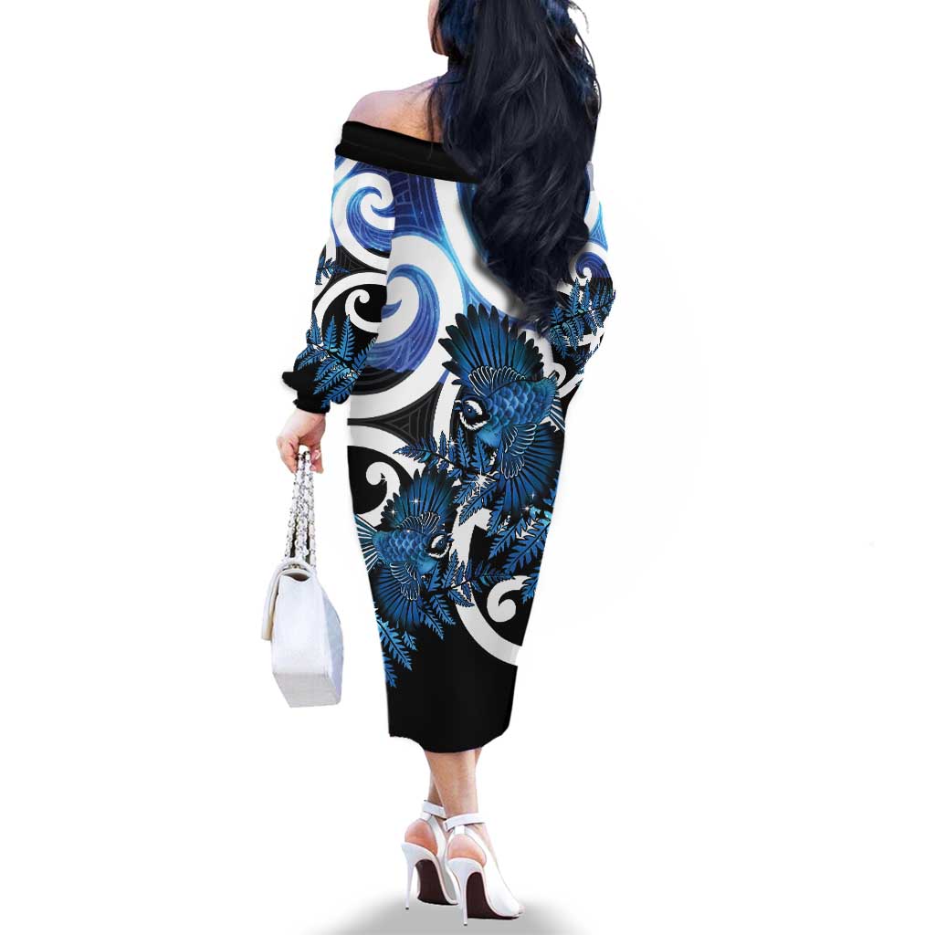 Piwakawaka New Zealand Matariki Family Matching Off The Shoulder Long Sleeve Dress and Hawaiian Shirt Maori New Year Silver Fern Blue Galaxy