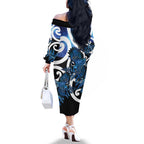 Piwakawaka New Zealand Matariki Family Matching Off The Shoulder Long Sleeve Dress and Hawaiian Shirt Maori New Year Silver Fern Blue Galaxy