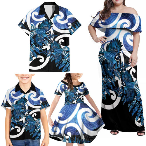 Piwakawaka New Zealand Matariki Family Matching Off Shoulder Maxi Dress and Hawaiian Shirt Maori New Year Silver Fern Blue Galaxy