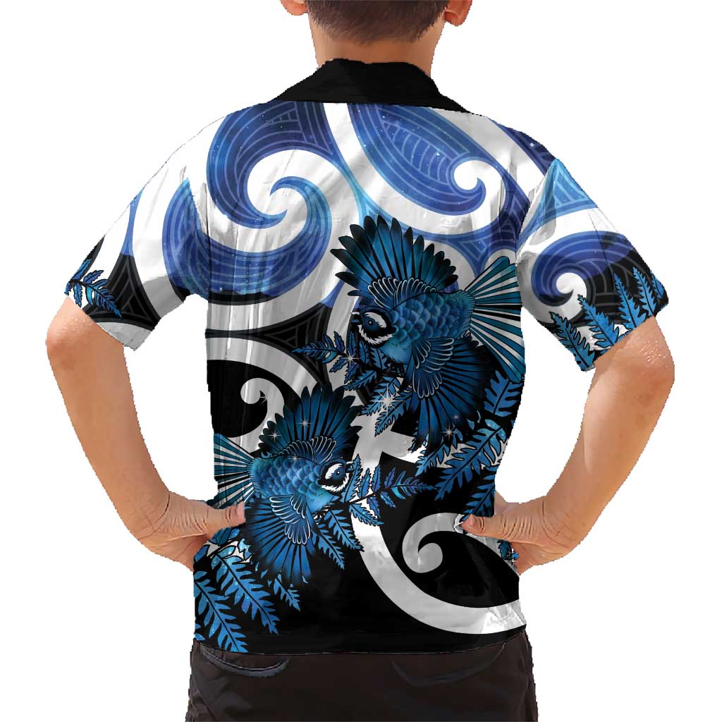 Piwakawaka New Zealand Matariki Family Matching Off Shoulder Maxi Dress and Hawaiian Shirt Maori New Year Silver Fern Blue Galaxy