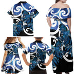 Piwakawaka New Zealand Matariki Family Matching Off Shoulder Maxi Dress and Hawaiian Shirt Maori New Year Silver Fern Blue Galaxy