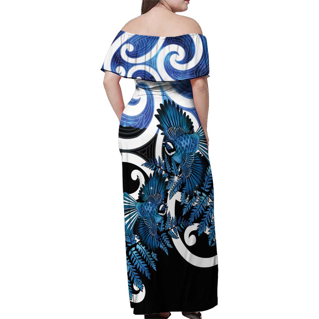 Piwakawaka New Zealand Matariki Family Matching Off Shoulder Maxi Dress and Hawaiian Shirt Maori New Year Silver Fern Blue Galaxy