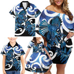 Piwakawaka New Zealand Matariki Family Matching Off Shoulder Short Dress and Hawaiian Shirt Maori New Year Silver Fern Blue Galaxy
