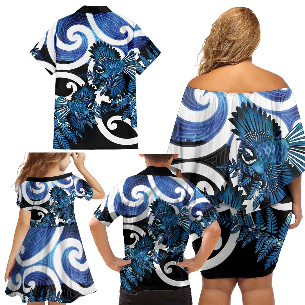 Piwakawaka New Zealand Matariki Family Matching Off Shoulder Short Dress and Hawaiian Shirt Maori New Year Silver Fern Blue Galaxy