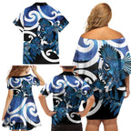 Piwakawaka New Zealand Matariki Family Matching Off Shoulder Short Dress and Hawaiian Shirt Maori New Year Silver Fern Blue Galaxy