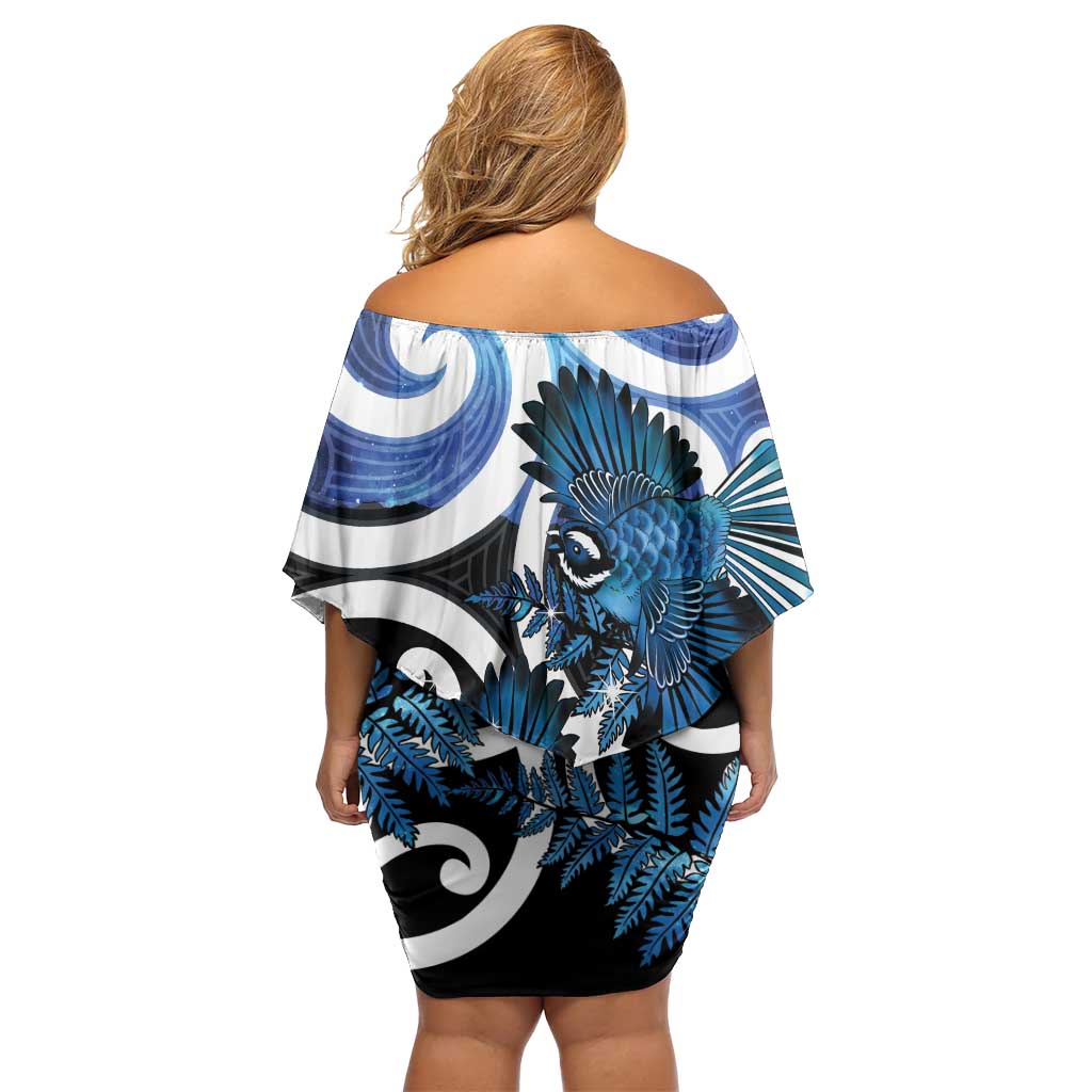 Piwakawaka New Zealand Matariki Family Matching Off Shoulder Short Dress and Hawaiian Shirt Maori New Year Silver Fern Blue Galaxy