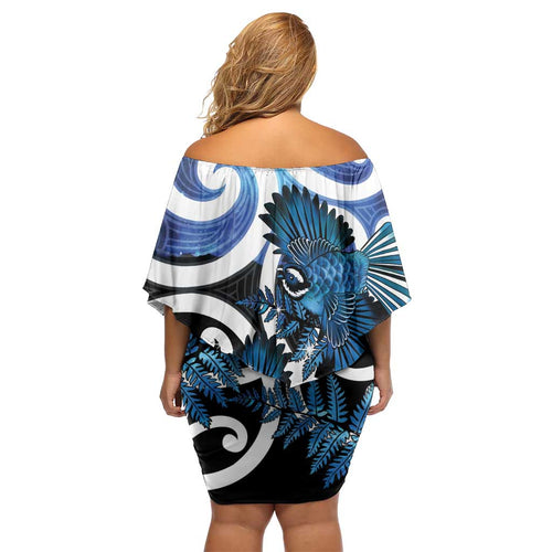 Piwakawaka New Zealand Matariki Family Matching Off Shoulder Short Dress and Hawaiian Shirt Maori New Year Silver Fern Blue Galaxy