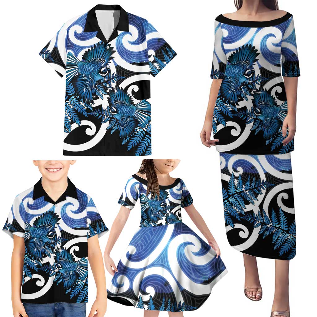 Piwakawaka New Zealand Matariki Family Matching Puletasi and Hawaiian Shirt Maori New Year Silver Fern Blue Galaxy
