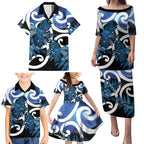 Piwakawaka New Zealand Matariki Family Matching Puletasi and Hawaiian Shirt Maori New Year Silver Fern Blue Galaxy