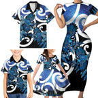 Piwakawaka New Zealand Matariki Family Matching Short Sleeve Bodycon Dress and Hawaiian Shirt Maori New Year Silver Fern Blue Galaxy