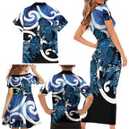 Piwakawaka New Zealand Matariki Family Matching Short Sleeve Bodycon Dress and Hawaiian Shirt Maori New Year Silver Fern Blue Galaxy