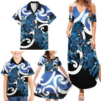 Piwakawaka New Zealand Matariki Family Matching Summer Maxi Dress and Hawaiian Shirt Maori New Year Silver Fern Blue Galaxy