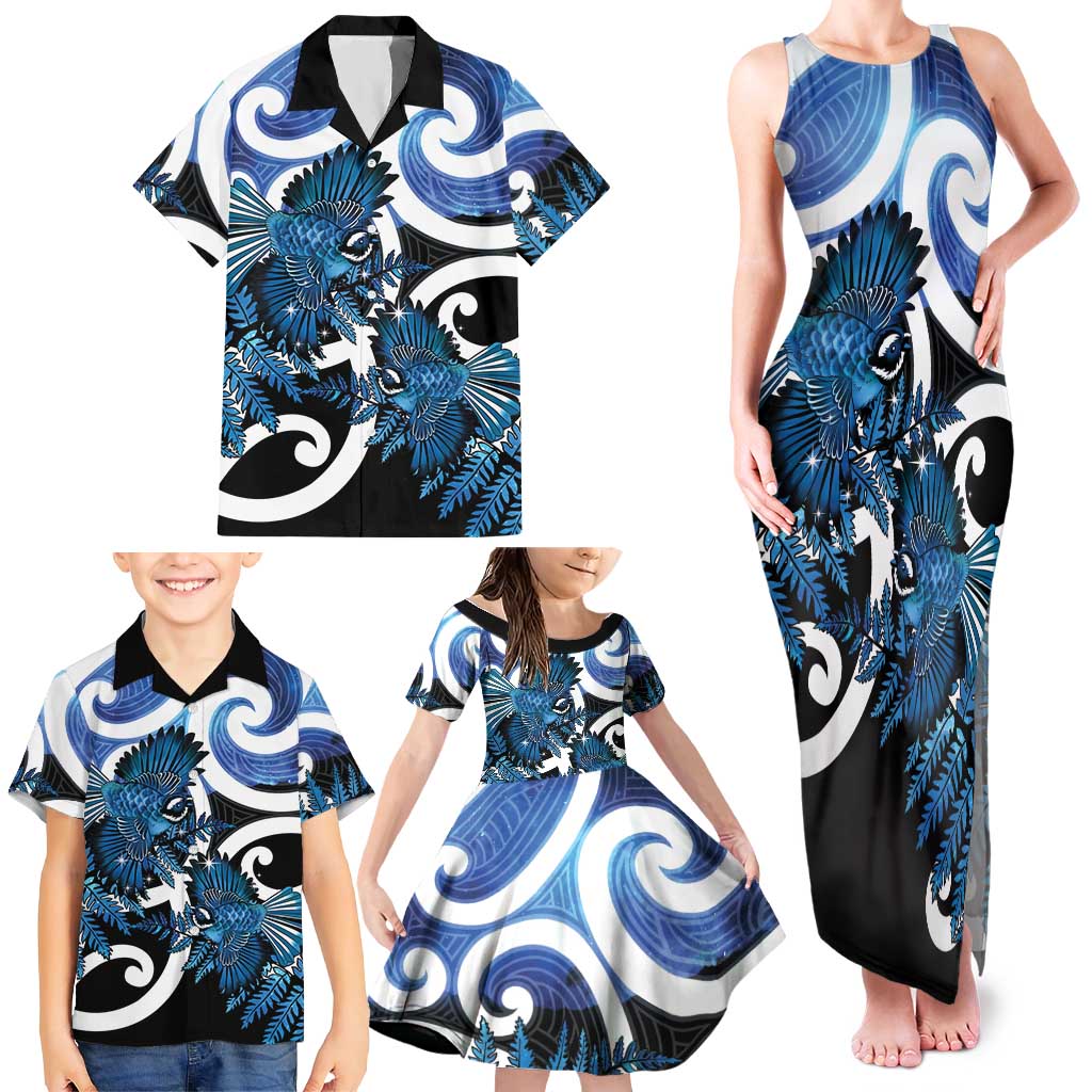 Piwakawaka New Zealand Matariki Family Matching Tank Maxi Dress and Hawaiian Shirt Maori New Year Silver Fern Blue Galaxy