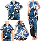 Piwakawaka New Zealand Matariki Family Matching Tank Maxi Dress and Hawaiian Shirt Maori New Year Silver Fern Blue Galaxy