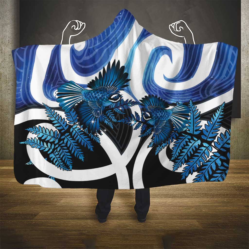 Piwakawaka New Zealand Matariki Hooded Blanket Maori New Year Silver Fern Blue Galaxy