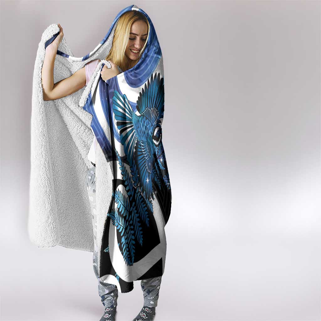 Piwakawaka New Zealand Matariki Hooded Blanket Maori New Year Silver Fern Blue Galaxy