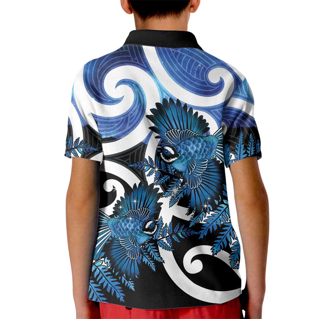 Piwakawaka New Zealand Matariki Kid Polo Shirt Maori New Year Silver Fern Blue Galaxy