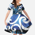 Piwakawaka New Zealand Matariki Kid Short Sleeve Dress Maori New Year Silver Fern Blue Galaxy
