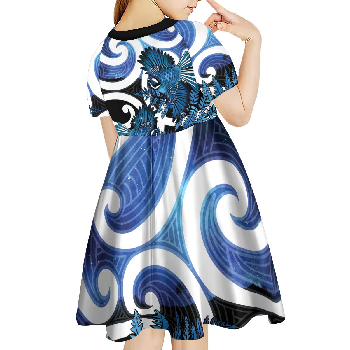 Piwakawaka New Zealand Matariki Kid Short Sleeve Dress Maori New Year Silver Fern Blue Galaxy