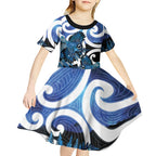 Piwakawaka New Zealand Matariki Kid Short Sleeve Dress Maori New Year Silver Fern Blue Galaxy