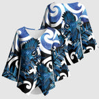 Piwakawaka New Zealand Matariki Kimono Sleeve Blouse Maori New Year Silver Fern Blue Galaxy