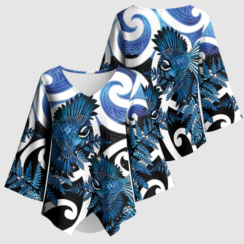 Piwakawaka New Zealand Matariki Kimono Sleeve Blouse Maori New Year Silver Fern Blue Galaxy