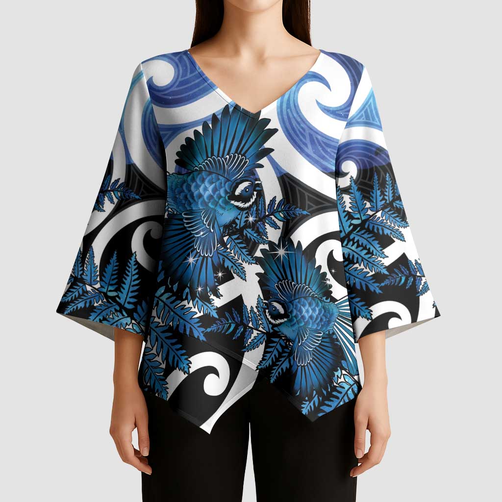 Piwakawaka New Zealand Matariki Kimono Sleeve Blouse Maori New Year Silver Fern Blue Galaxy