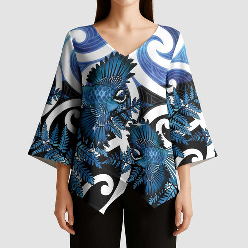 Piwakawaka New Zealand Matariki Kimono Sleeve Blouse Maori New Year Silver Fern Blue Galaxy