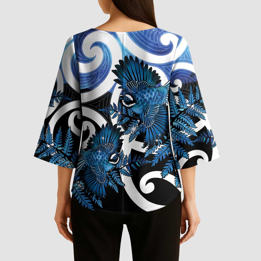 Piwakawaka New Zealand Matariki Kimono Sleeve Blouse Maori New Year Silver Fern Blue Galaxy