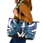 Piwakawaka New Zealand Matariki Leather Tote Bag Maori New Year Silver Fern Blue Galaxy