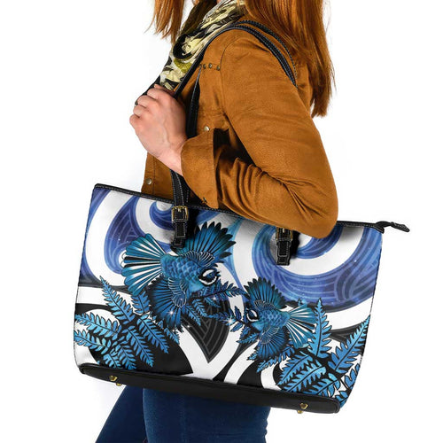 Piwakawaka New Zealand Matariki Leather Tote Bag Maori New Year Silver Fern Blue Galaxy