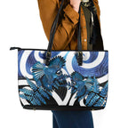 Piwakawaka New Zealand Matariki Leather Tote Bag Maori New Year Silver Fern Blue Galaxy