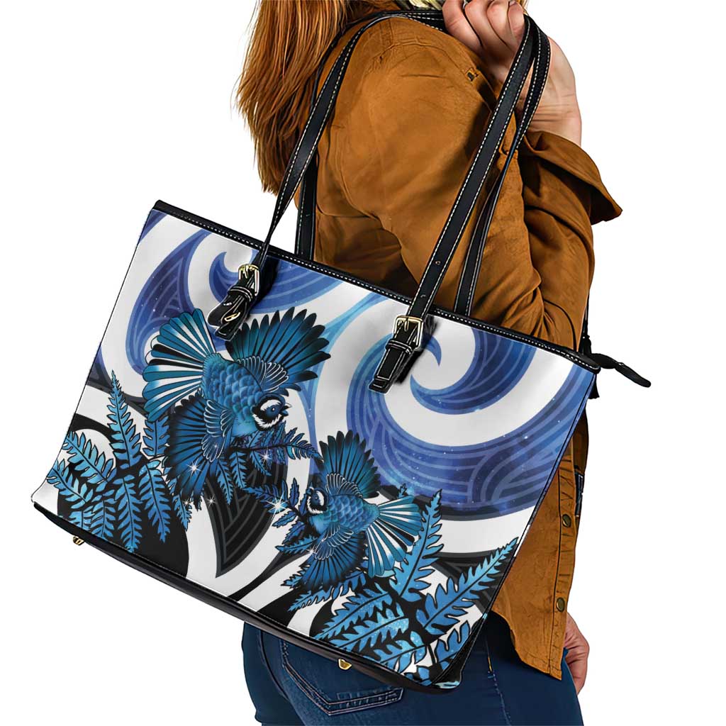 Piwakawaka New Zealand Matariki Leather Tote Bag Maori New Year Silver Fern Blue Galaxy