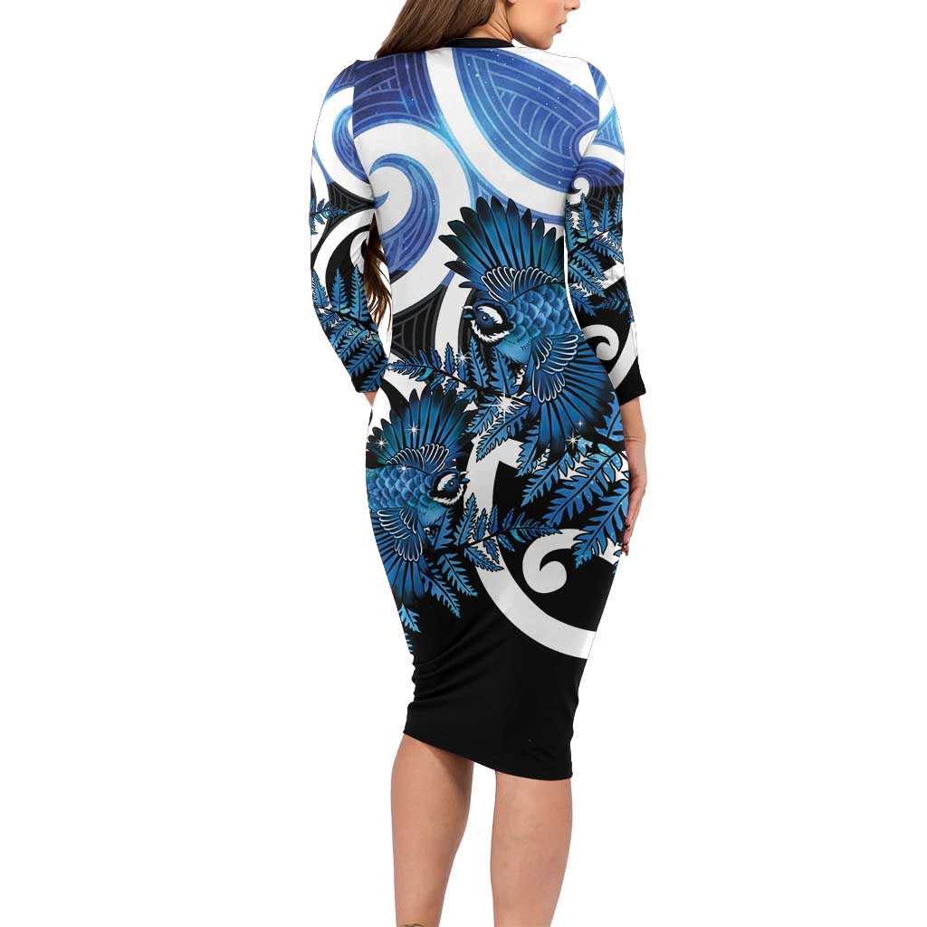 Piwakawaka New Zealand Matariki Long Sleeve Bodycon Dress Maori New Year Silver Fern Blue Galaxy