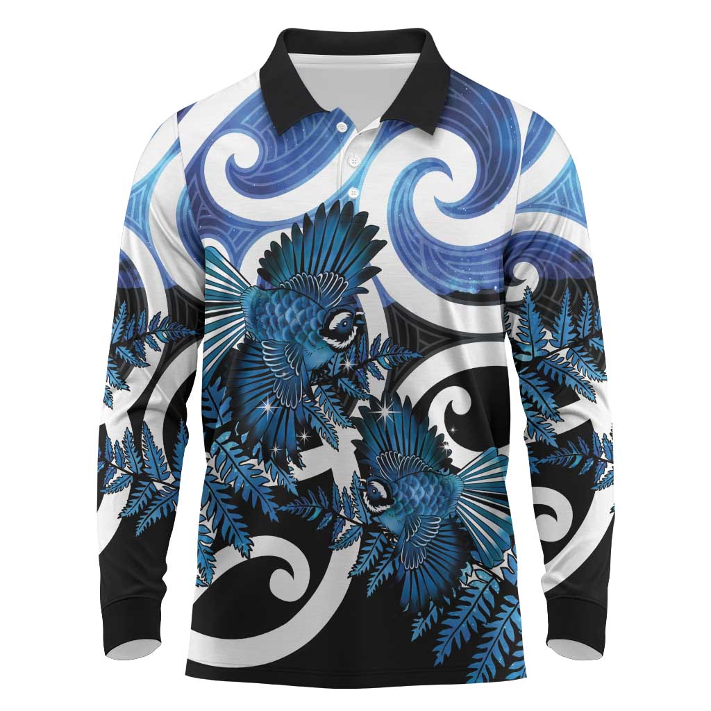Piwakawaka New Zealand Matariki Long Sleeve Polo Shirt Maori New Year Silver Fern Blue Galaxy