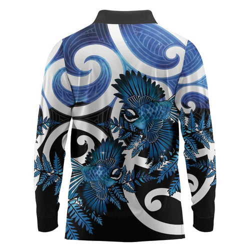Piwakawaka New Zealand Matariki Long Sleeve Polo Shirt Maori New Year Silver Fern Blue Galaxy