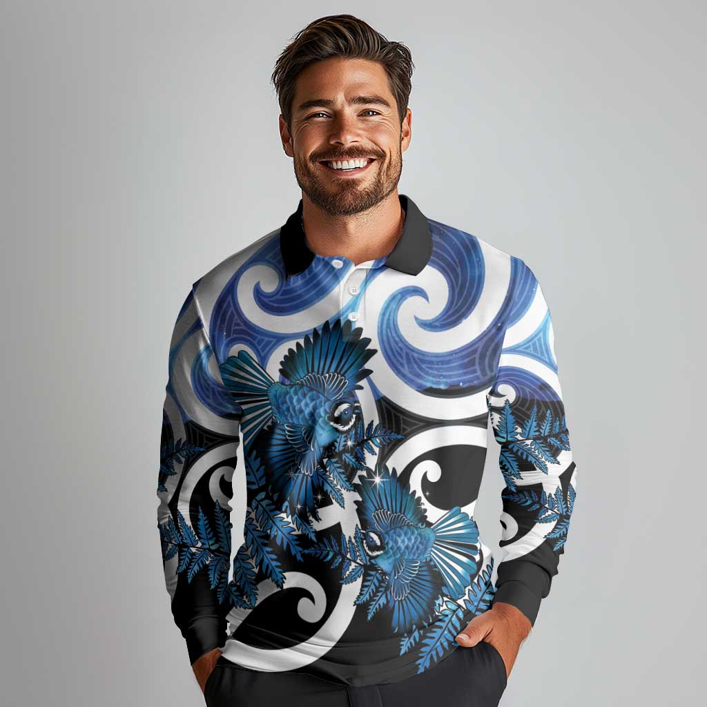 Piwakawaka New Zealand Matariki Long Sleeve Polo Shirt Maori New Year Silver Fern Blue Galaxy