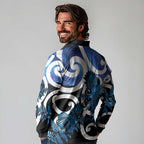 Piwakawaka New Zealand Matariki Long Sleeve Polo Shirt Maori New Year Silver Fern Blue Galaxy