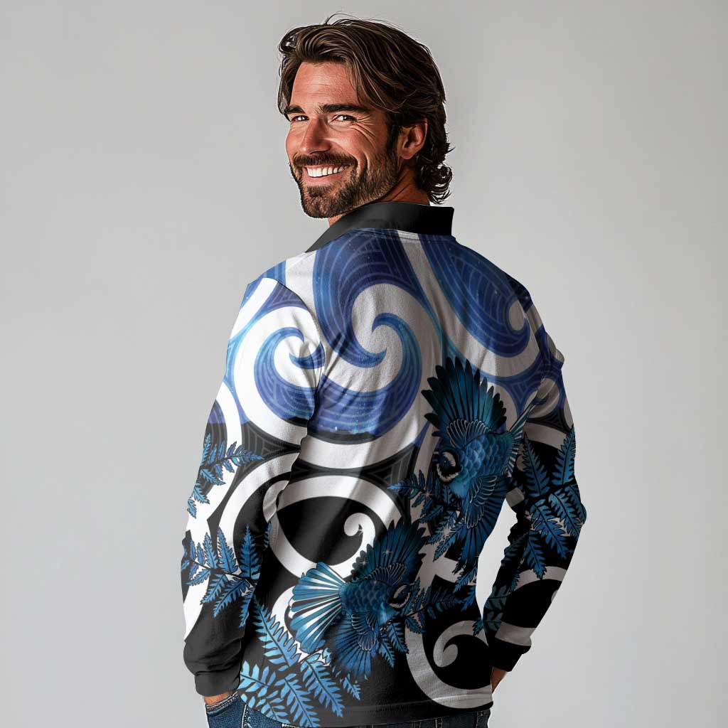 Piwakawaka New Zealand Matariki Long Sleeve Polo Shirt Maori New Year Silver Fern Blue Galaxy