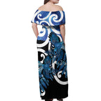 Piwakawaka New Zealand Matariki Off Shoulder Maxi Dress Maori New Year Silver Fern Blue Galaxy