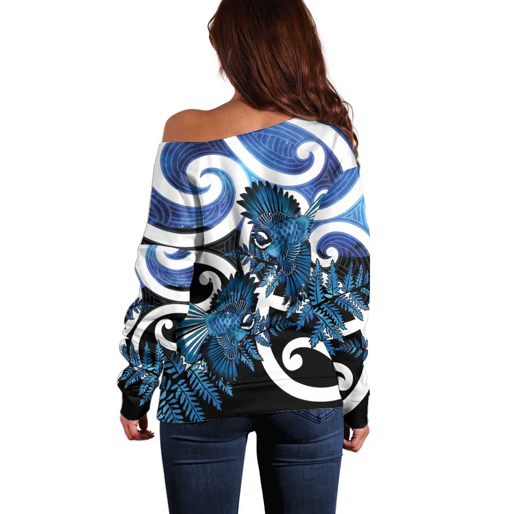 Piwakawaka New Zealand Matariki Off Shoulder Sweater Maori New Year Silver Fern Blue Galaxy