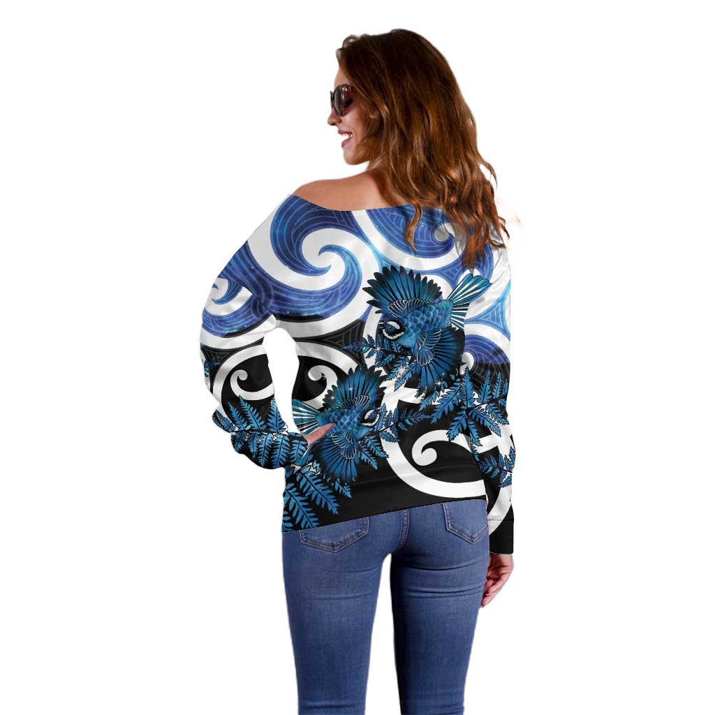 Piwakawaka New Zealand Matariki Off Shoulder Sweater Maori New Year Silver Fern Blue Galaxy
