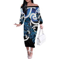 Piwakawaka New Zealand Matariki Off The Shoulder Long Sleeve Dress Maori New Year Silver Fern Blue Galaxy