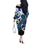 Piwakawaka New Zealand Matariki Off The Shoulder Long Sleeve Dress Maori New Year Silver Fern Blue Galaxy