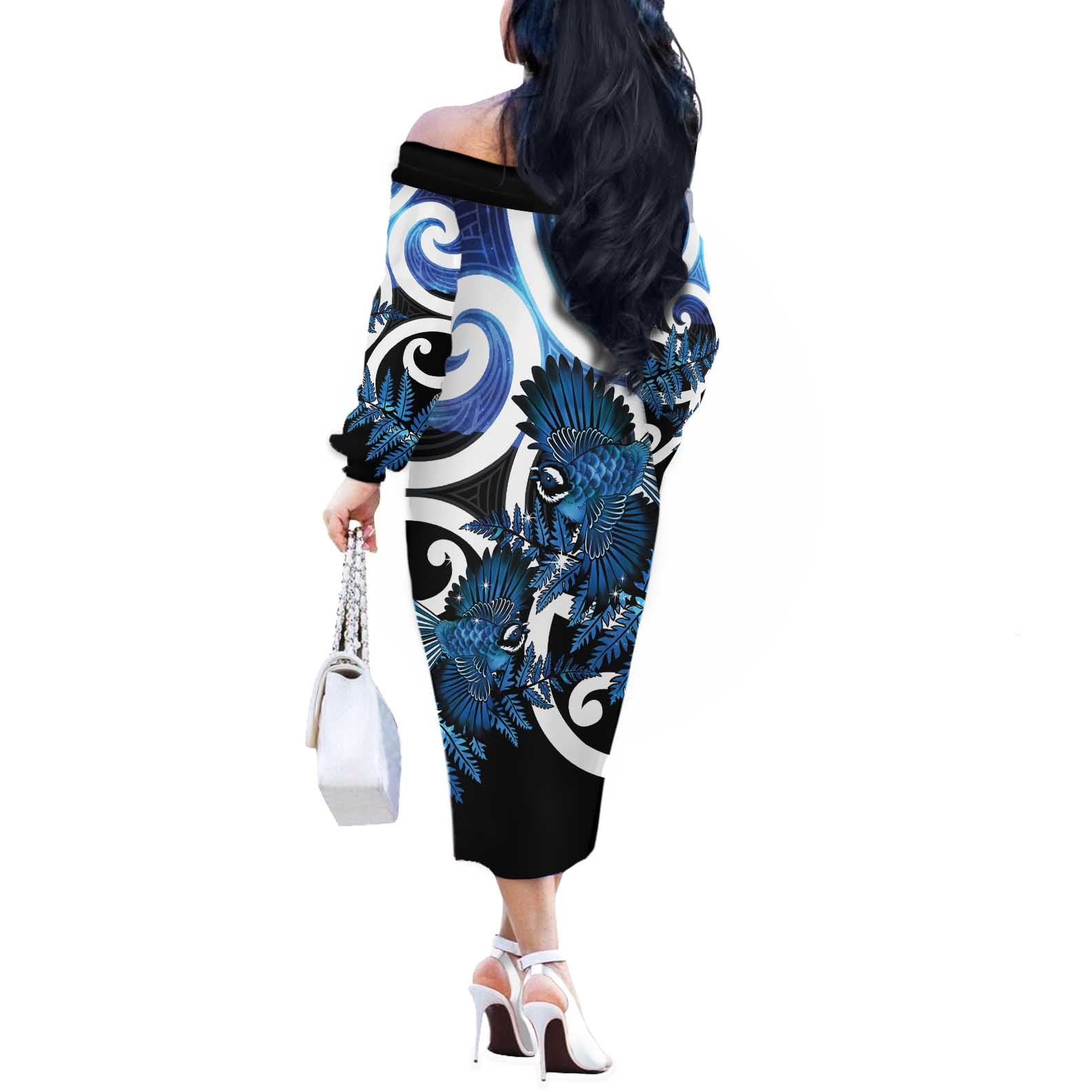 Piwakawaka New Zealand Matariki Off The Shoulder Long Sleeve Dress Maori New Year Silver Fern Blue Galaxy