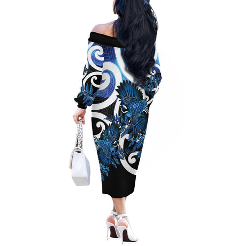Piwakawaka New Zealand Matariki Off The Shoulder Long Sleeve Dress Maori New Year Silver Fern Blue Galaxy